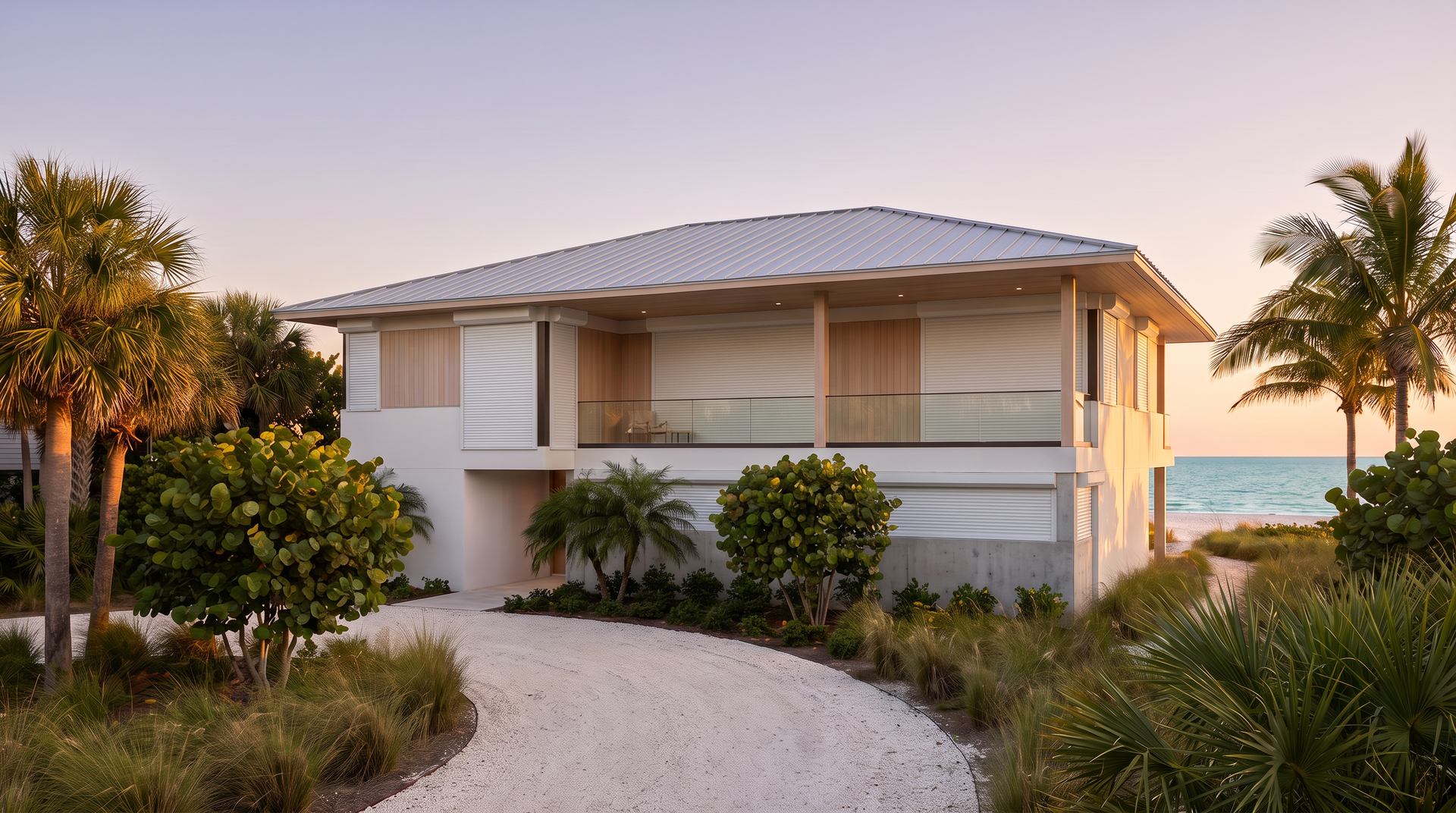 The same home with rated shutters closed over every opening.