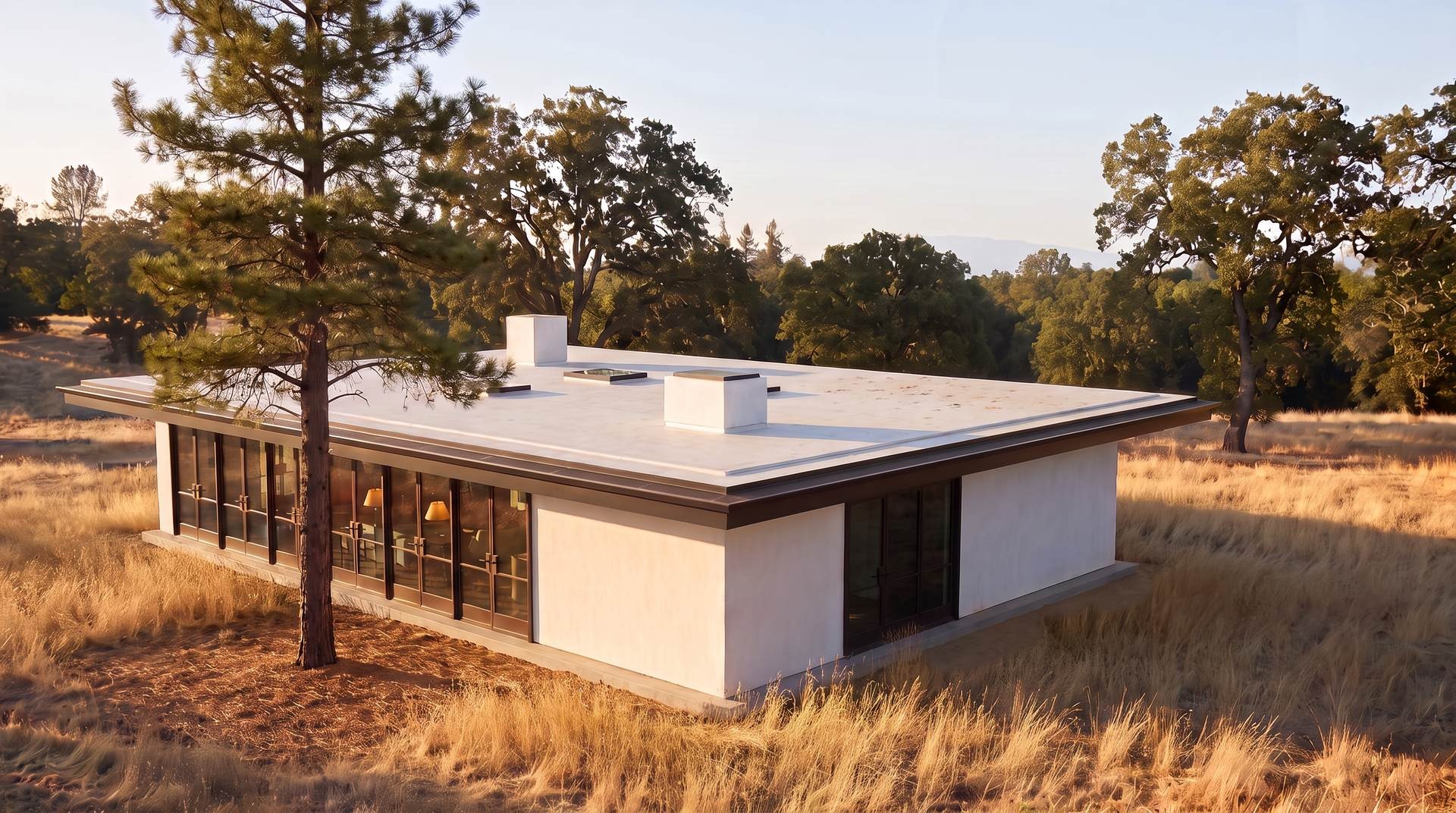 Example home in wildfire country as it stands: a pine over the roof and dry grass up to the walls.