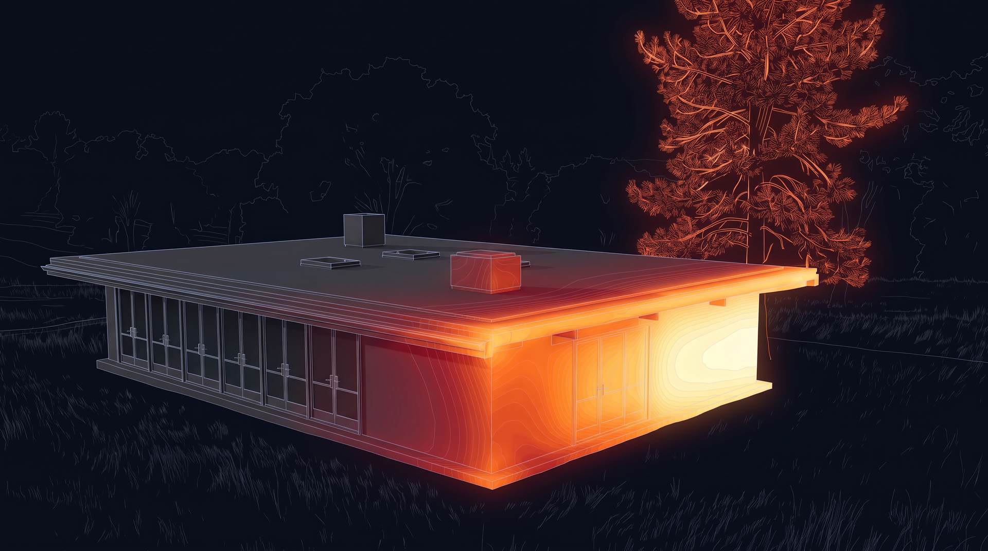 The example home as a 3D model, with the end wall nearest the pine glowing hot.