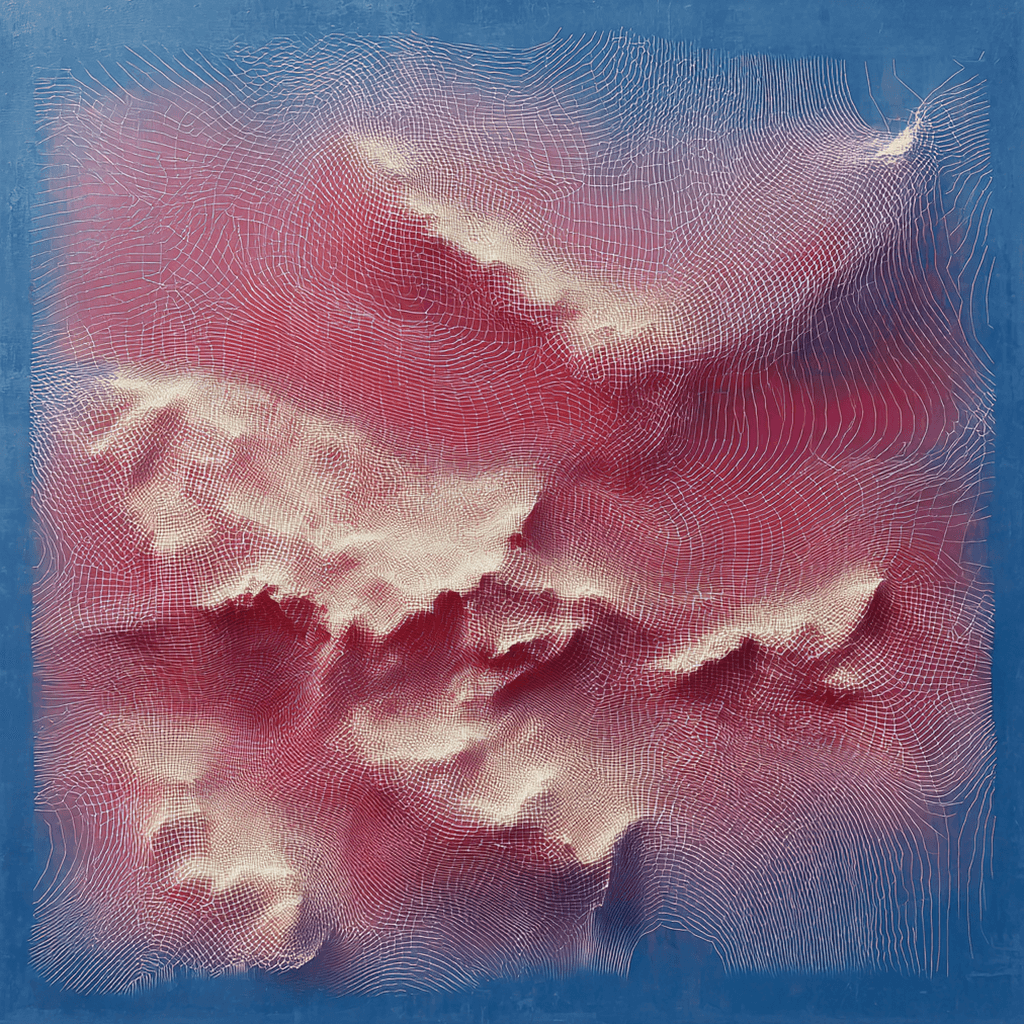 Abstract terrain map with red and blue climate data contours.