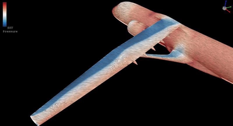 Computational fluid dynamics simulation showing pressure contours around a full-size aircraft.