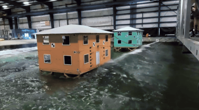 Parcel-scale fire spread simulation showing a home, vegetation, and modeled fire movement around the property.
