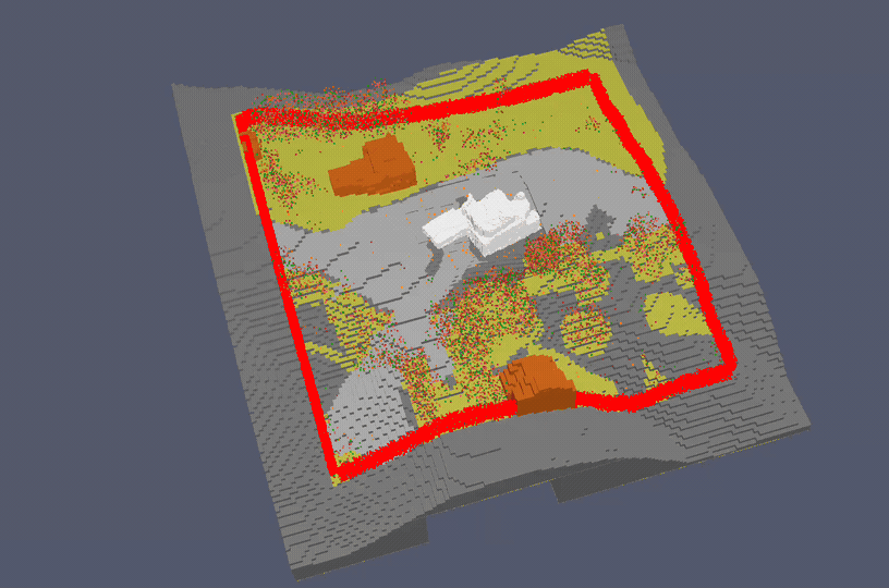 Wave tank experiment with two scale houses showing water flowing through and around the structures.