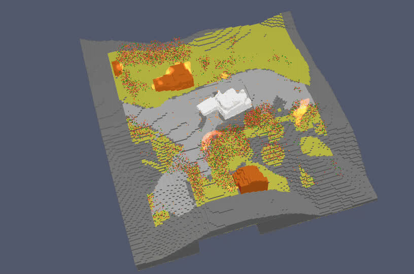 Thermal parcel simulation showing a home, surrounding vegetation, and modeled risk around the property.