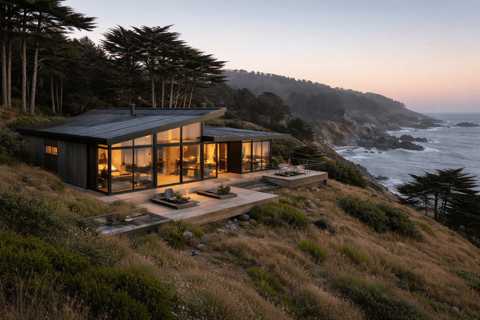 A high-value California home on a coastal hillside.