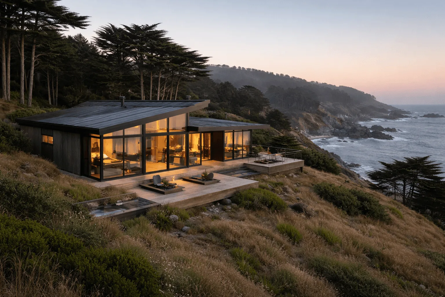 A high-value California home on a coastal hillside.