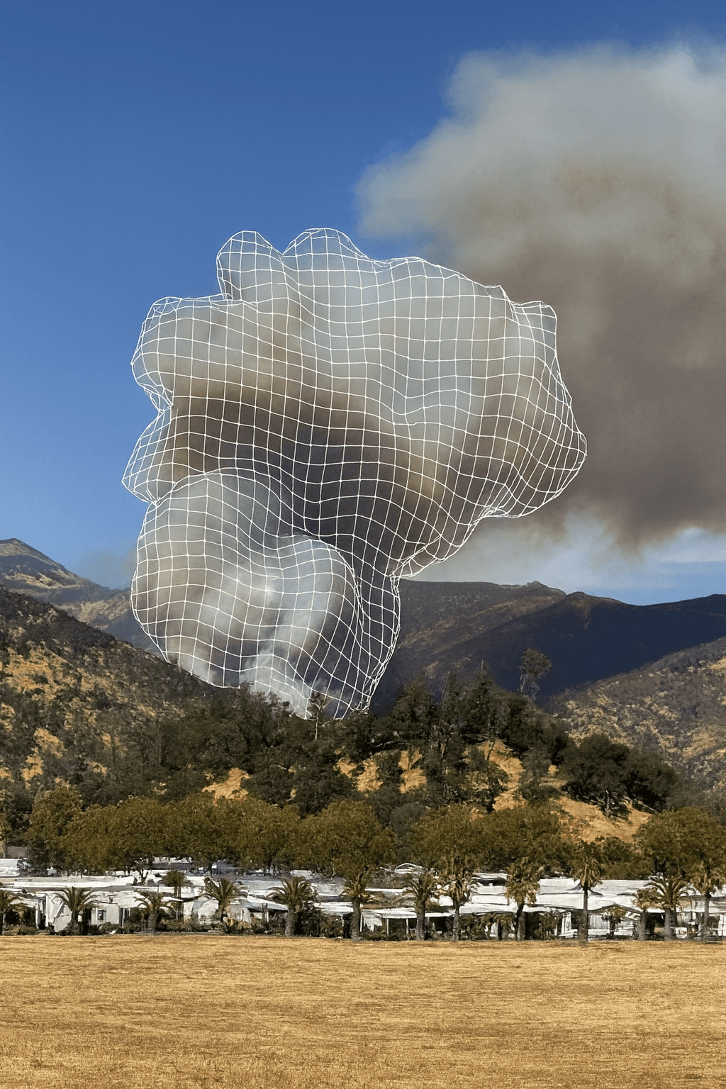 Smoke rising over a hillside during the Pickett Fire, with wildfire modeling overlays.